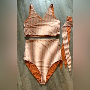 Striped Orange and White Women's Swim Set